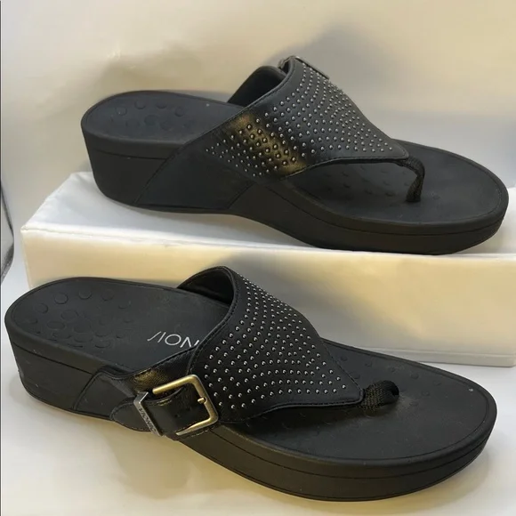 Vionic Black Studded Wedge Sandals-Women's-Size 9-Casual-Comfy-Vacation-Adjust - Picture 2 of 16
